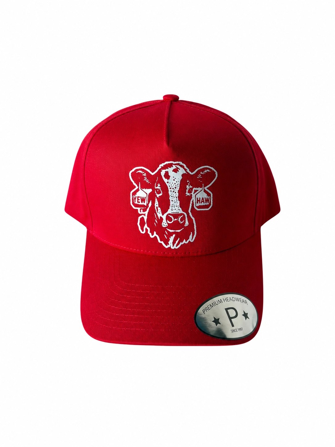 Red cotton A-frame snapback with the white Yewhaw cow head